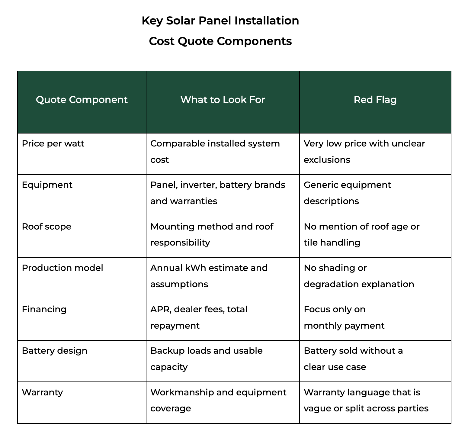 Table showing key solar panel installation cost quote components and red flags, including price per watt, equipment, financing, batteries, and warranties.