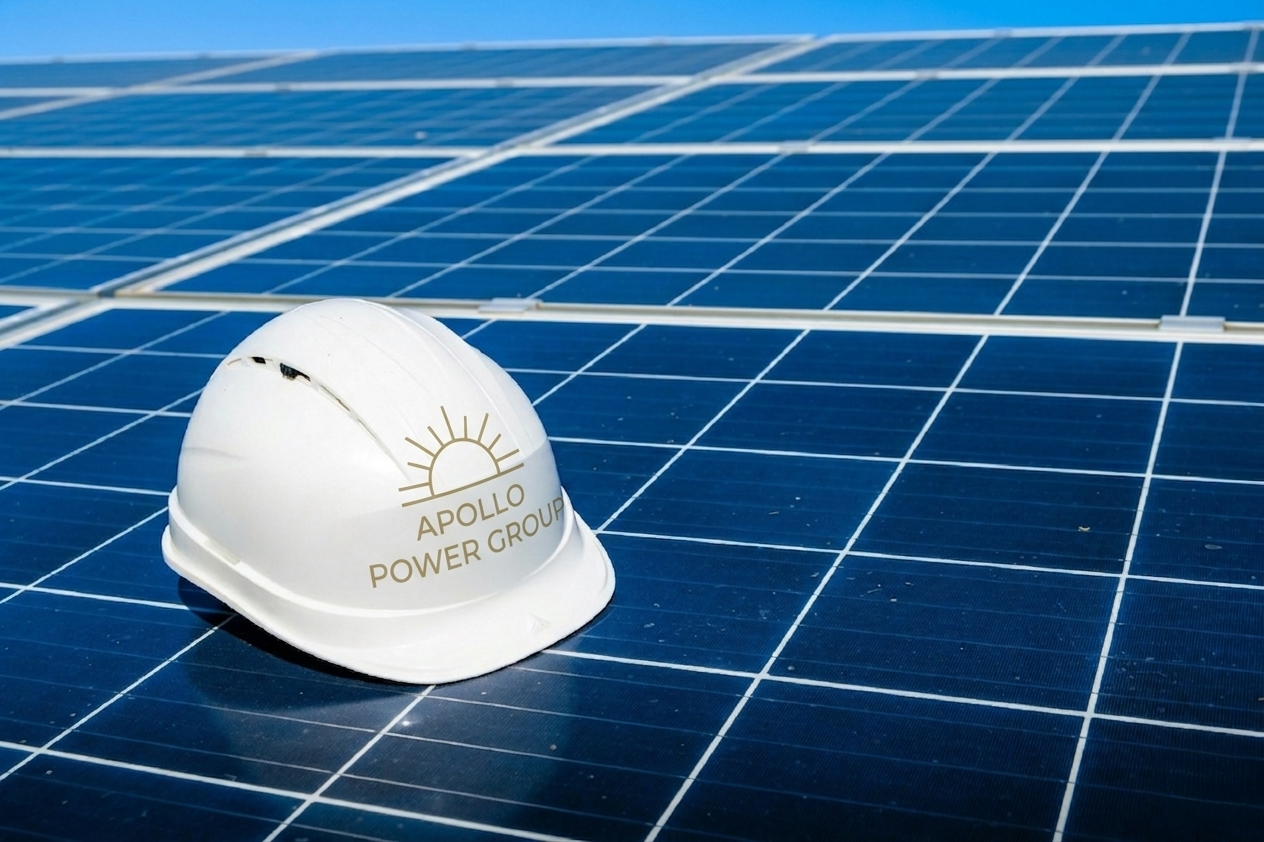 Apollo Power Group hard hat on solar panels representing virtual power plants and distributed clean.