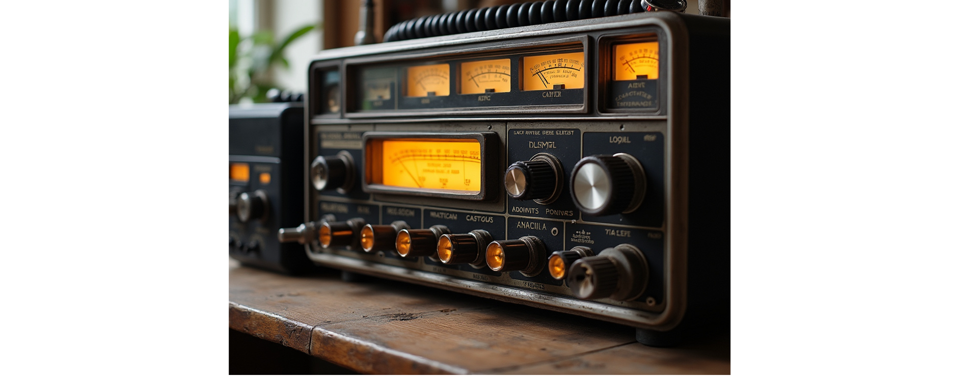 Close-up van een vintage radio-ontvanger met verlichte meters en wijzerplaten op een houten oppervlak.