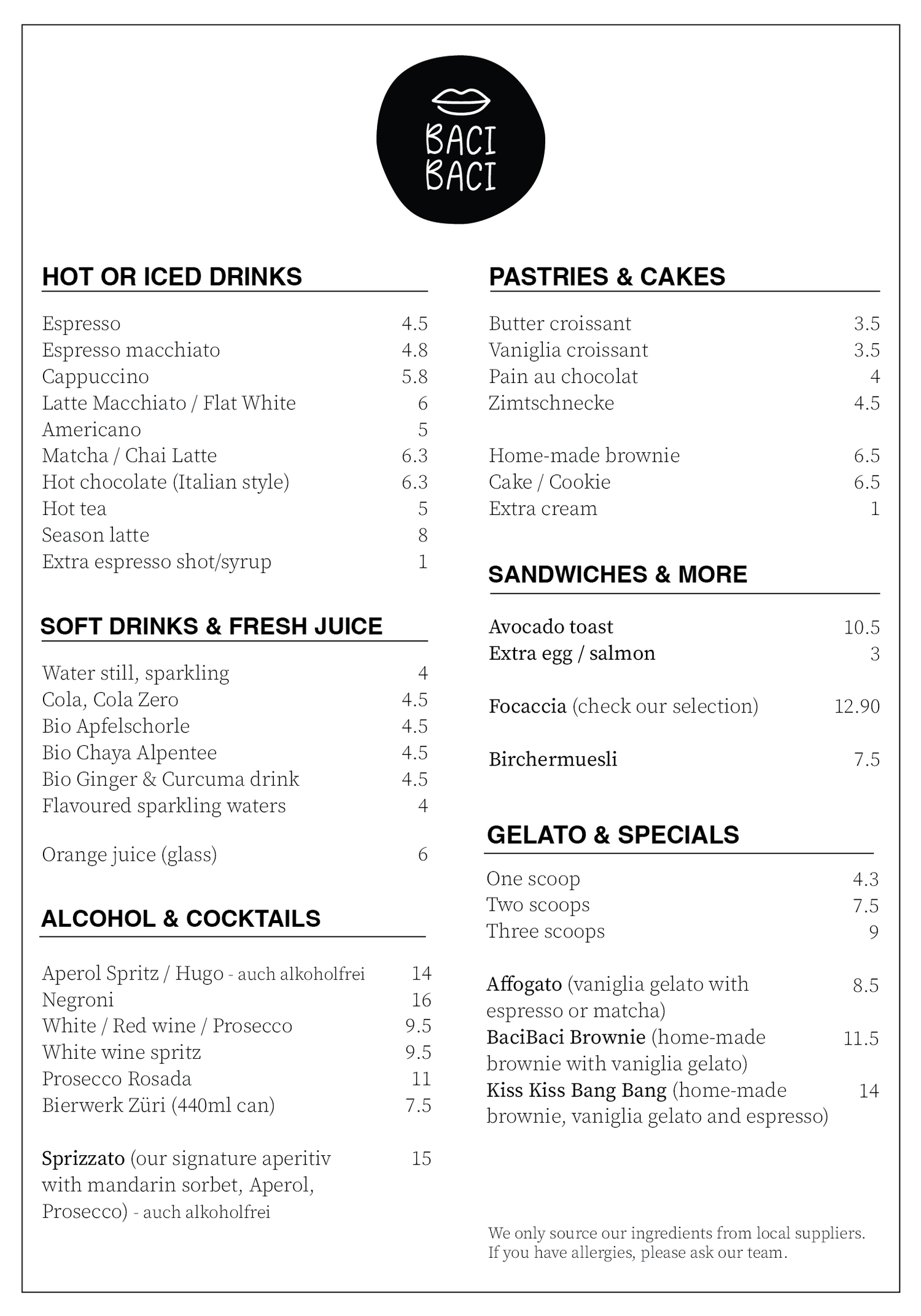 Photo of menu.