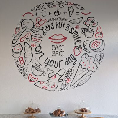 Wall art representing the Baci Baci logo and doodles.