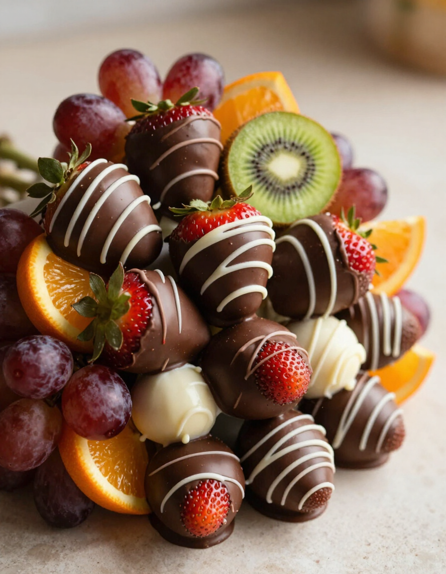 Handcrafted fruit bouquet and chocolate-covered strawberries