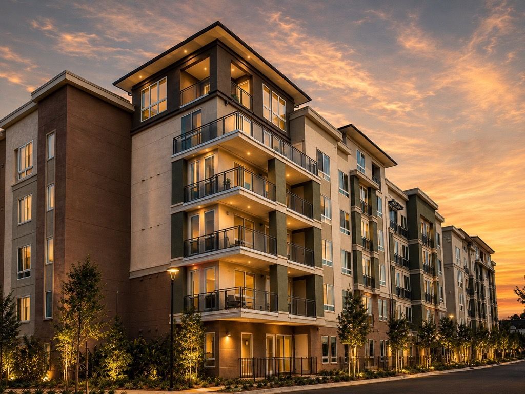Modern apartment building at sunset with warm lights and balconies