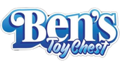 Logo for Ben's Toy Chest. White text on a blue, stylized background. 
