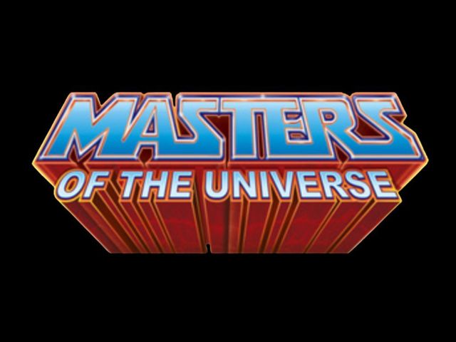 "Masters of the Universe" logo in blue, red, and yellow, with 3D perspective against a black background.