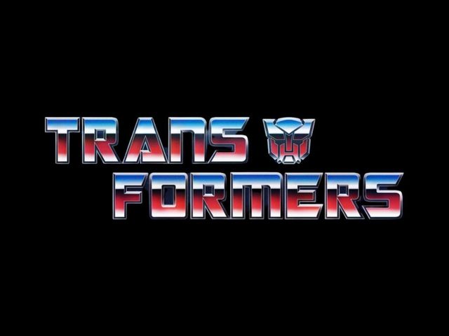 Transformers logo with metallic, red, white and blue text against black background.
