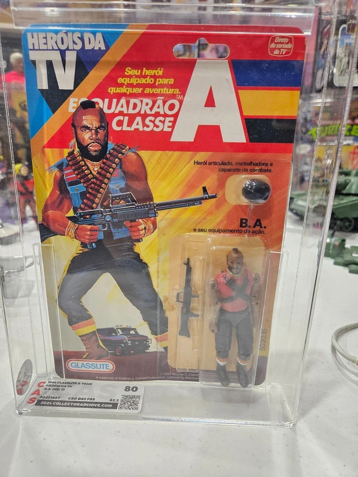 B.A. Baracus action figure from the A-Team, still in its original packaging, displayed in a clear case.