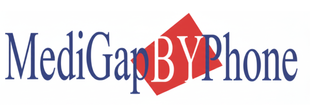 "MediGap BY Phone" logo with text in blue and white, red square angled in the center.