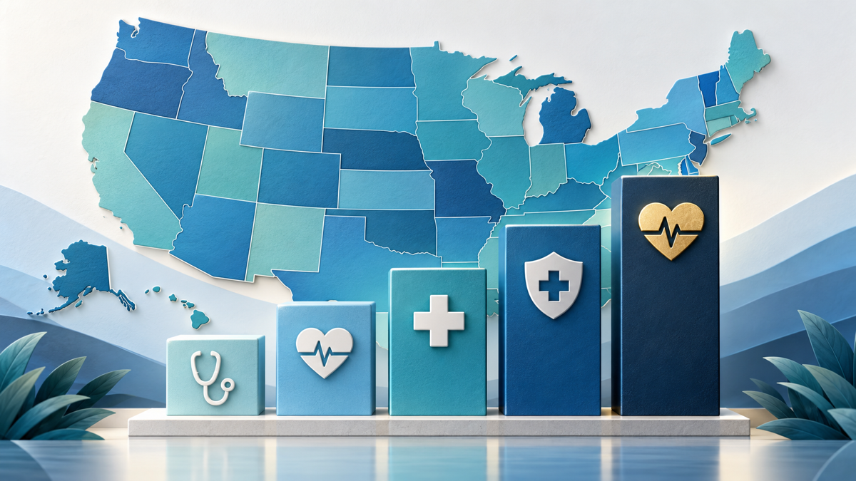Blue U.S. map with healthcare icons and rising bar chart, symbolizing growth in health services
