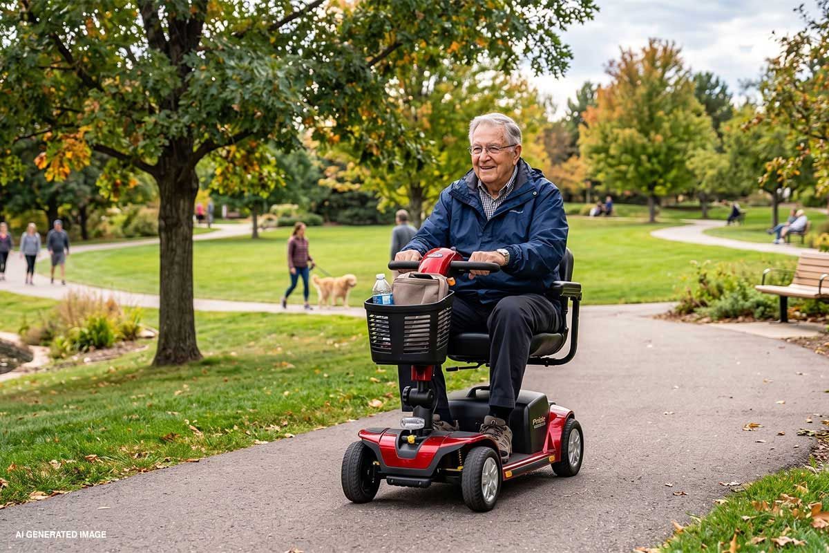 Person riding a red mobility scooter on a park path with trees and grass nearby