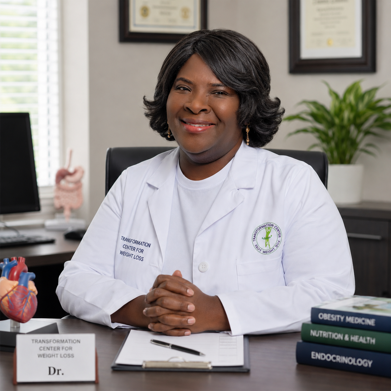 Woman in a white lab coat smiles. She has black hair and is against a white background.