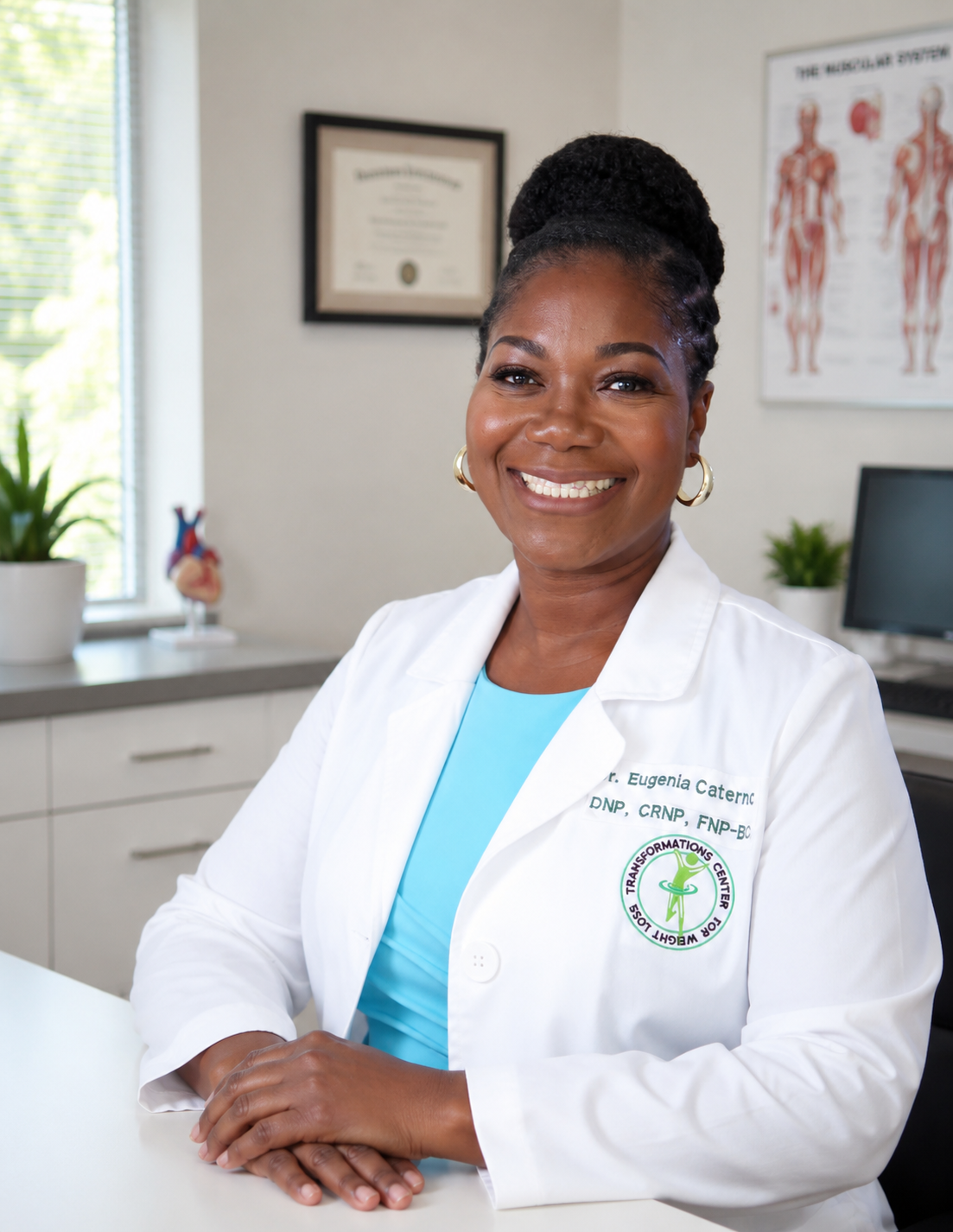 Woman in white lab coat smiles; seated, green background.