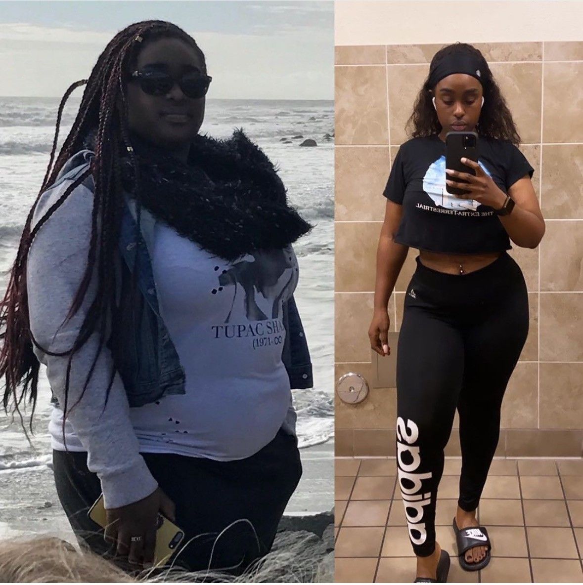 Before and after weight loss: woman in casual clothes at the beach versus woman in workout clothes at the gym.