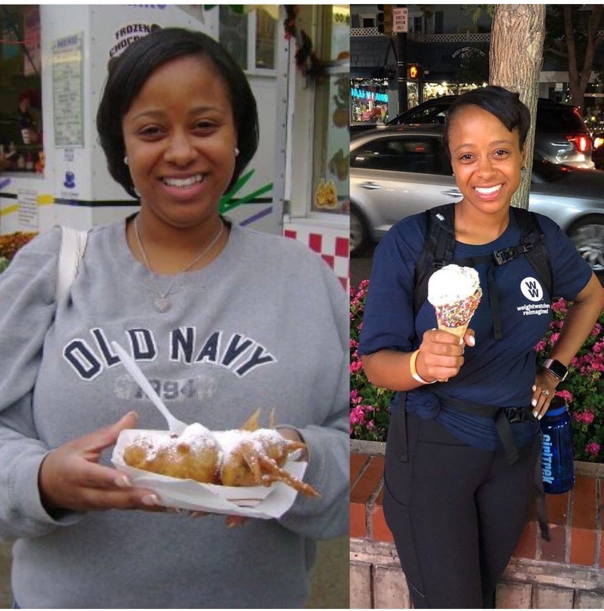 Woman, before and after weight loss, holding fried food then ice cream. Smiling in both photos.