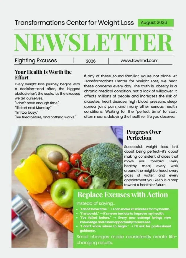 Weight loss newsletter with green headline, vegetables, and a “Replace Excuses with Action” banner