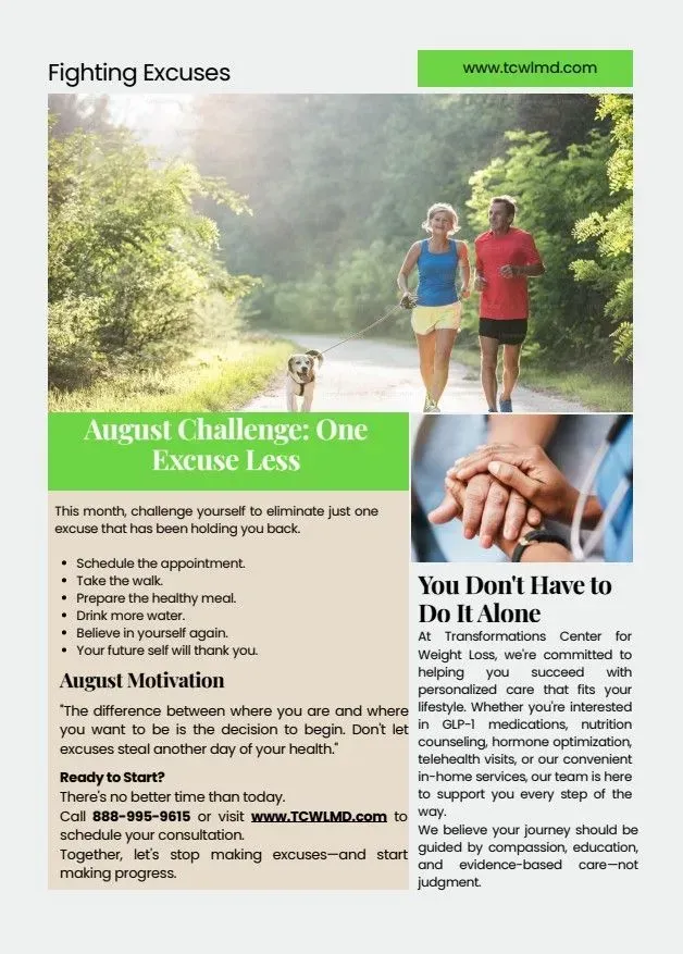 Two walkers on a sunlit path beside a lake, with text about fighting excuses and walking for exercise