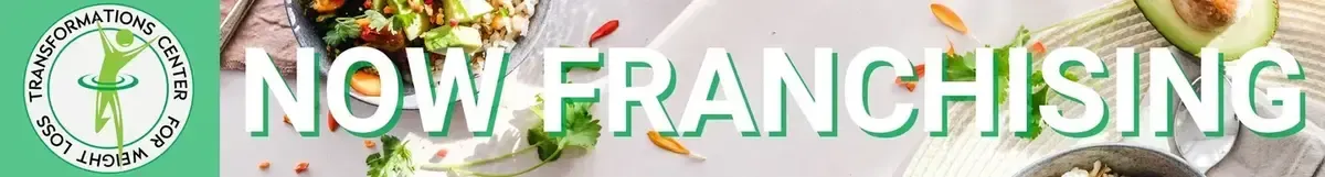 NOW FRANCHISING text over a food background with a green logo.