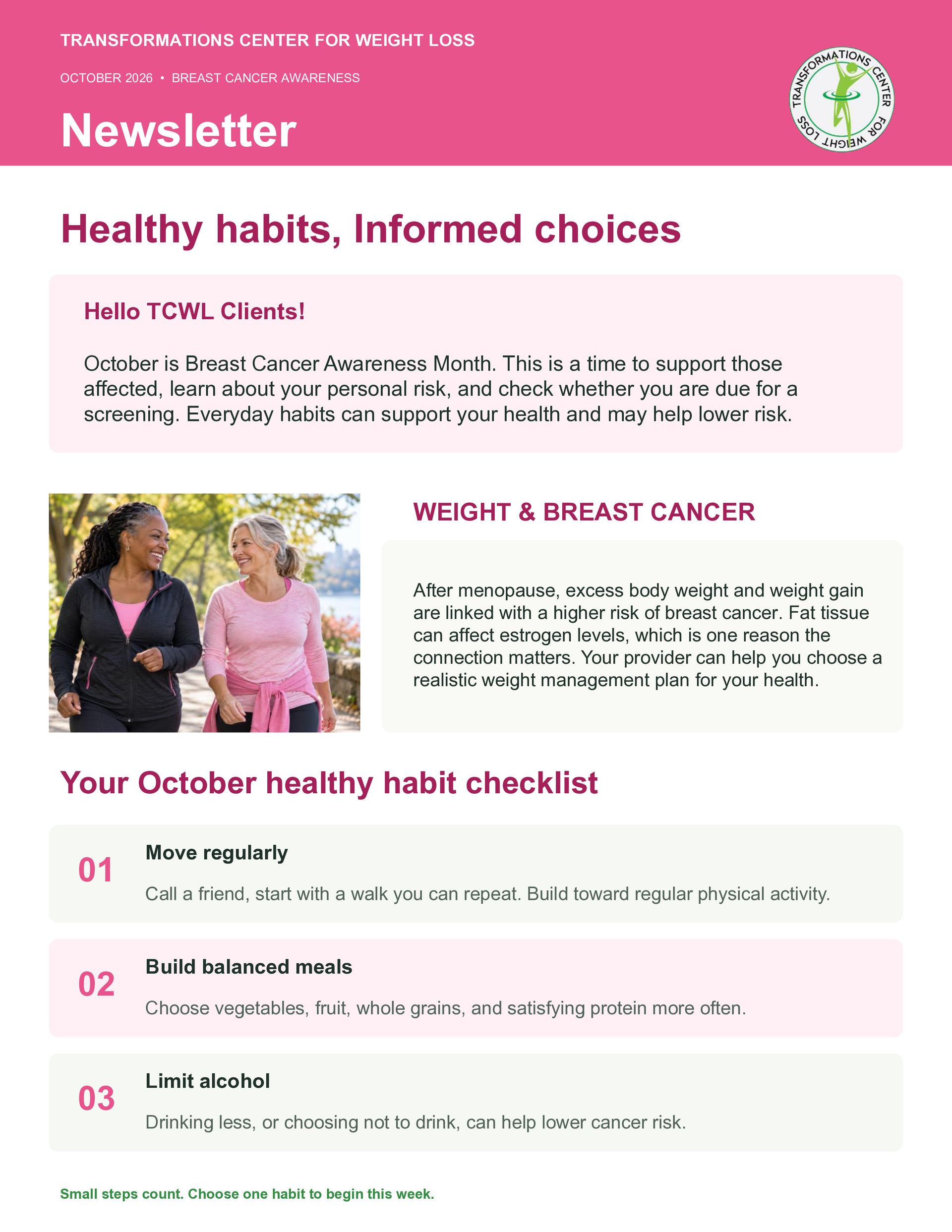 Green-and-white newsletter on food labels for weight loss, with a woman reading in a grocery store.