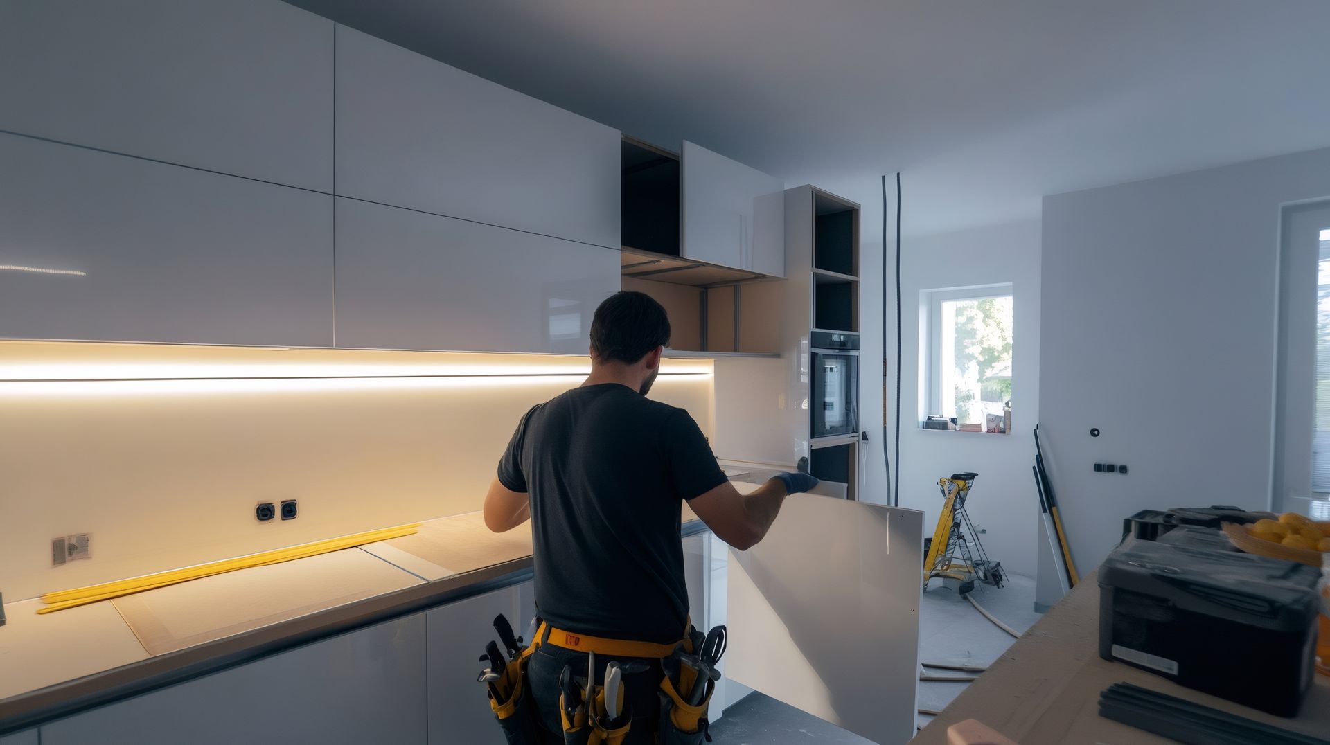 Man installing a cabinet in a modern white kitchen.