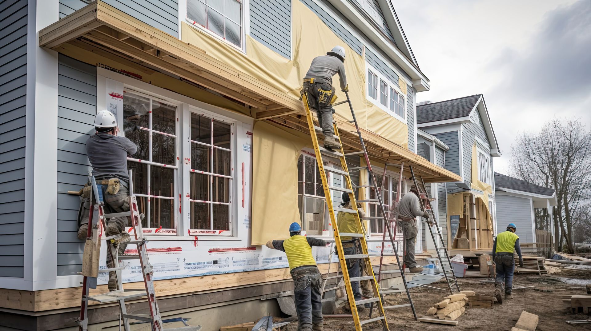 Construction workers installing siding on a multi-unit building. Ladders, blue and yellow siding, cloudy sky.