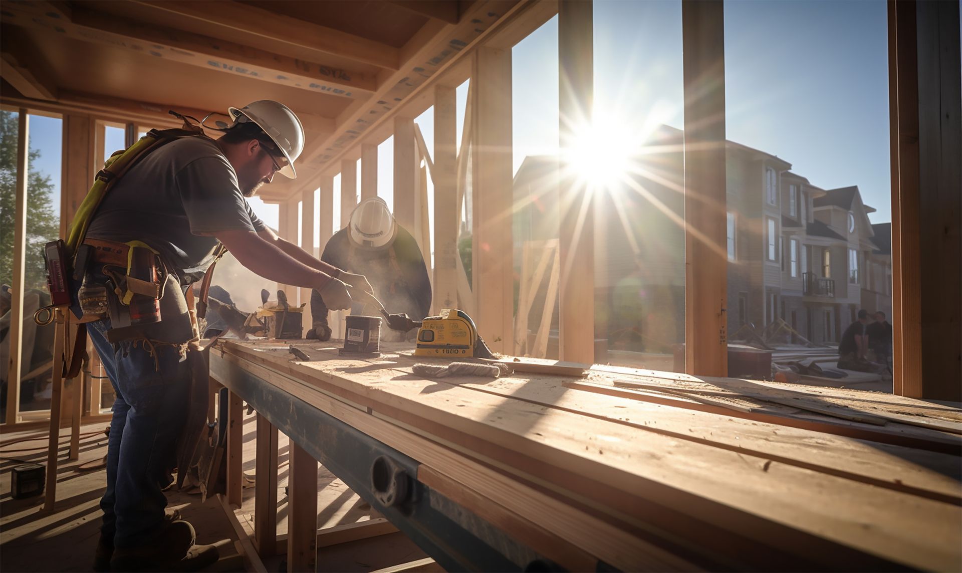 Construction workers cutting wood with power tools in a sunlit frame of a building under construction.