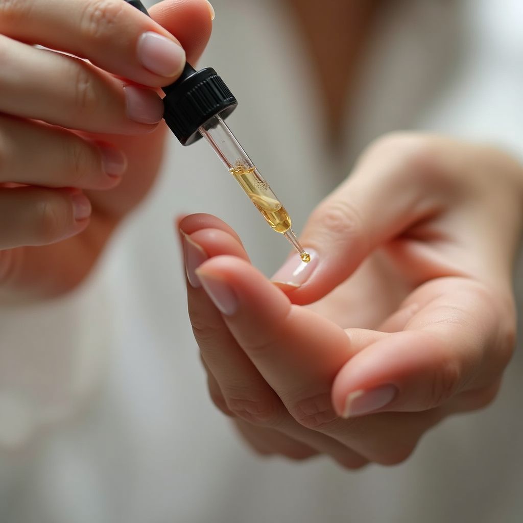 Person holding a dropper dispensing amber liquid onto a finger.