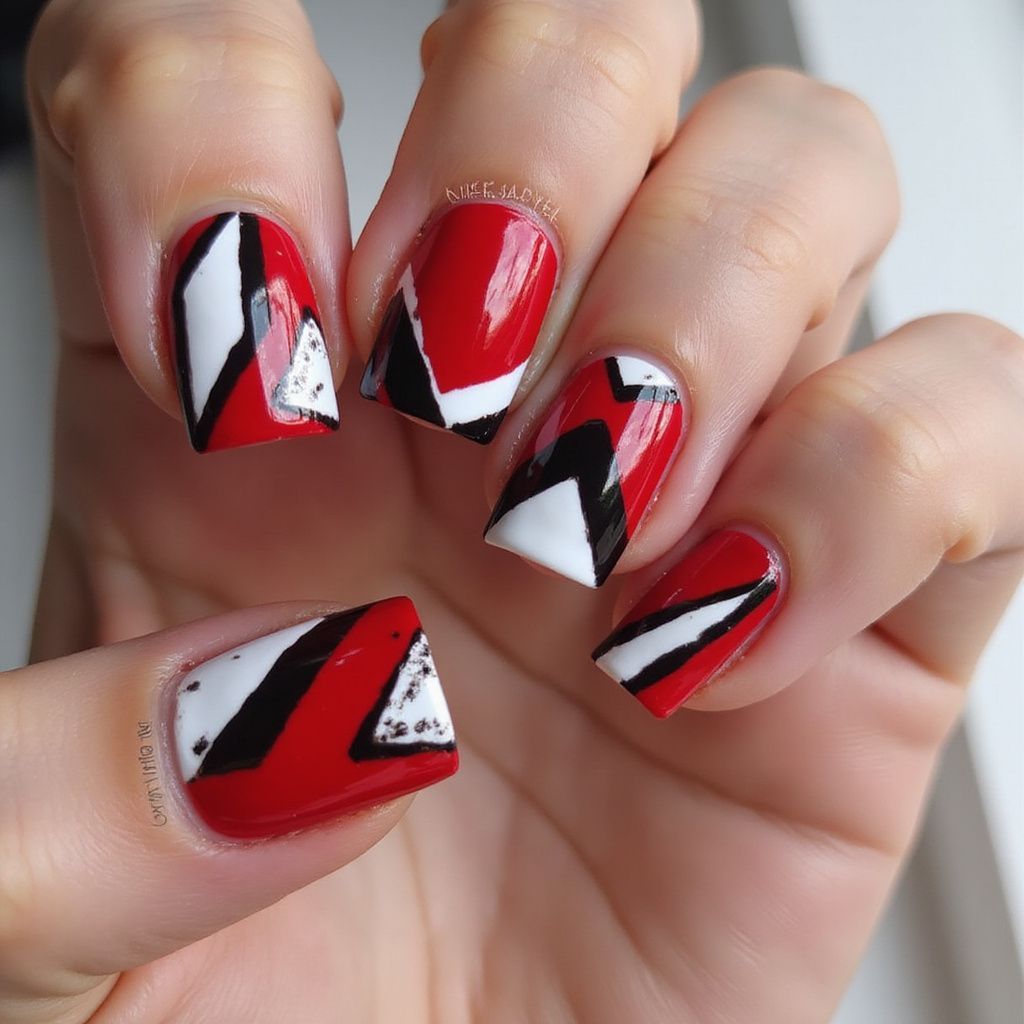 Hand displaying red, white, and black geometric nail art.