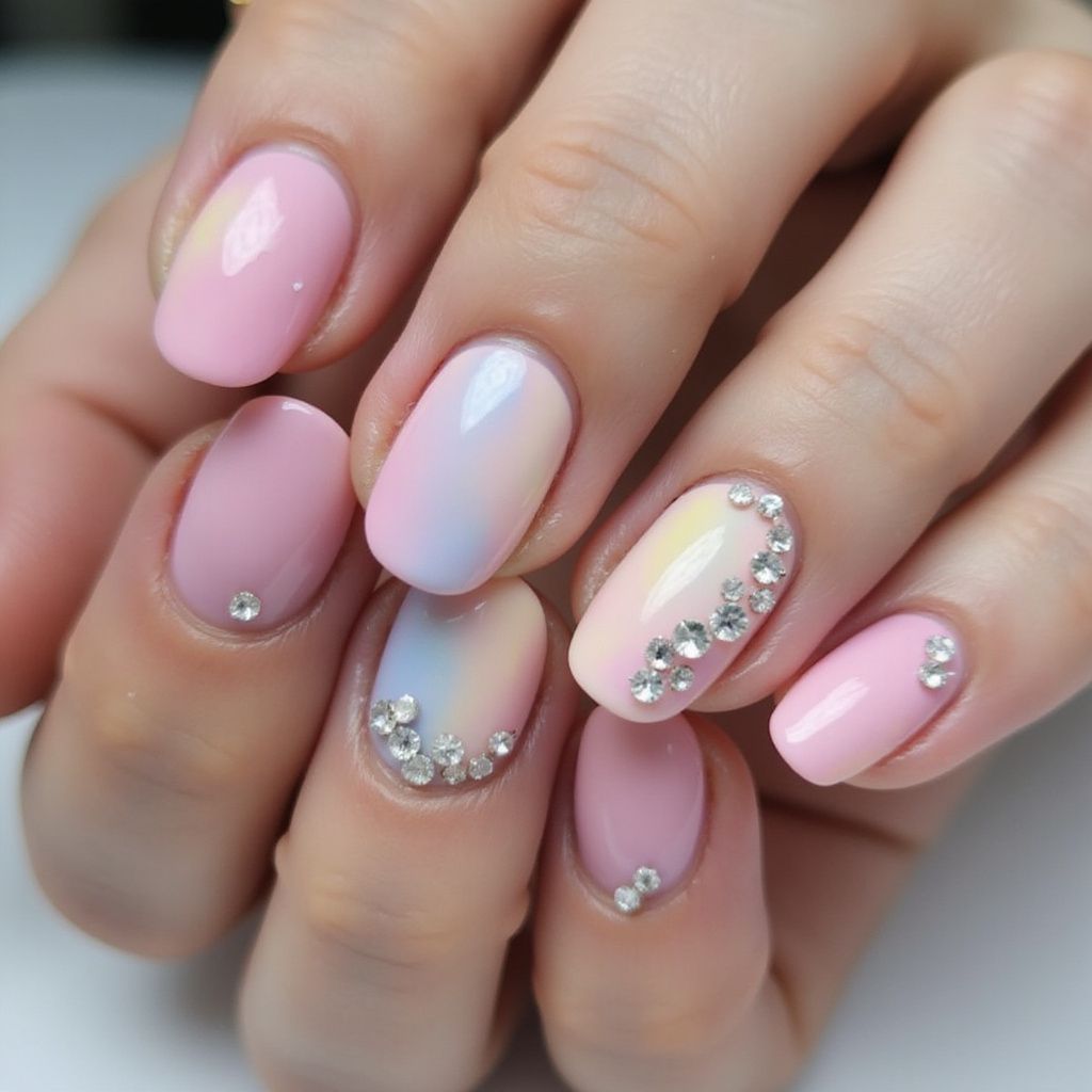 Pink and pastel ombre nail art with rhinestone accents.