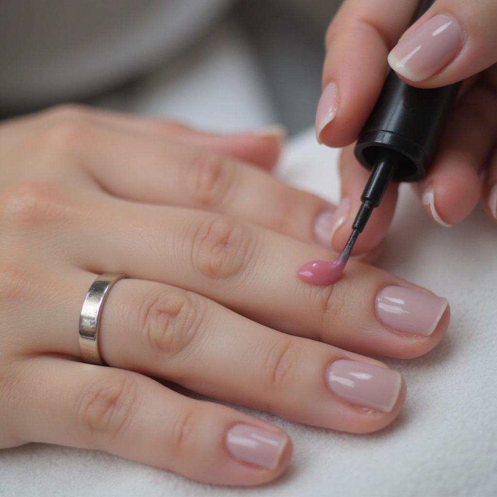 Person applying pink nail polish.