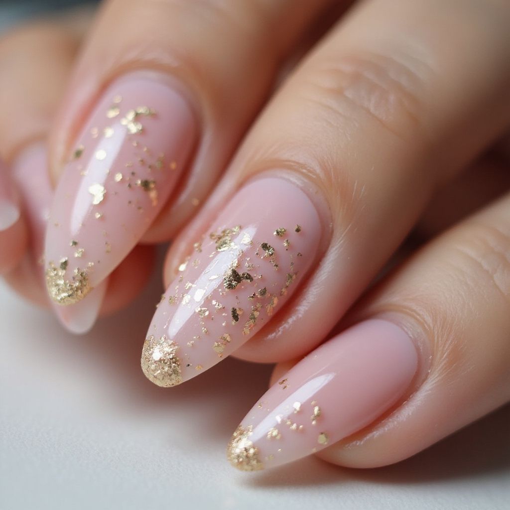 Pink nails with gold glitter accents.