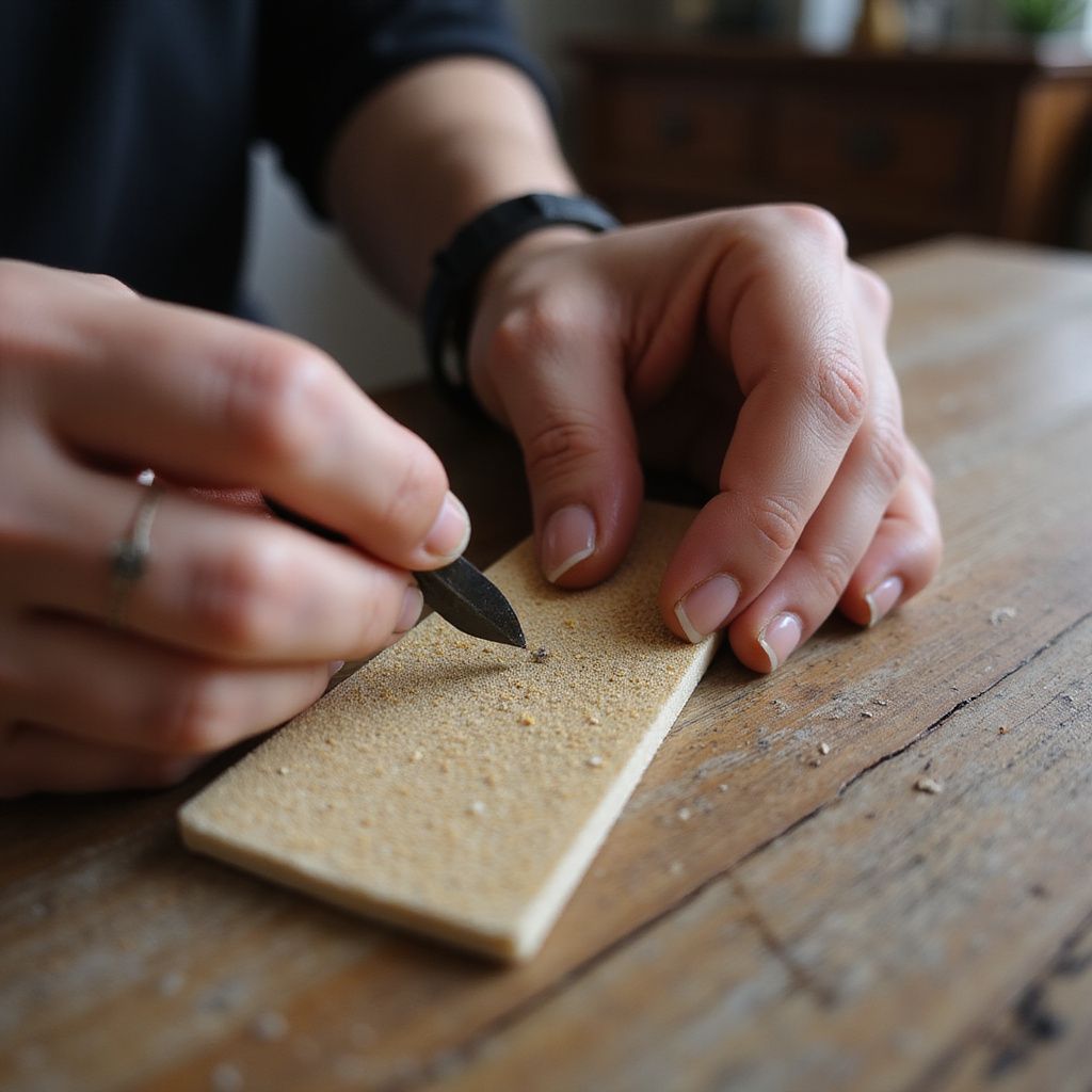 Hands using a tool to work on a rectangular piece of light-colored material on a wooden table.