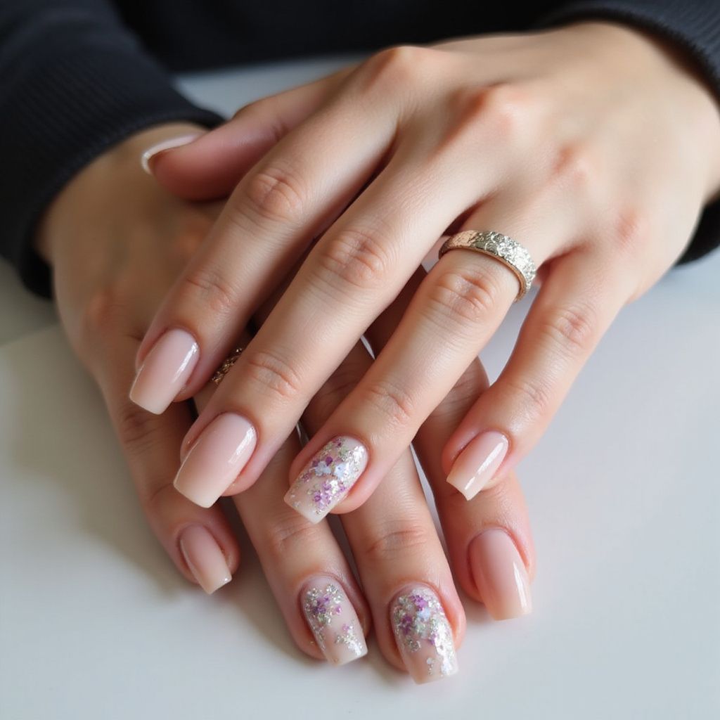 Hands with light pink manicured nails, one with glitter accents and a ring.