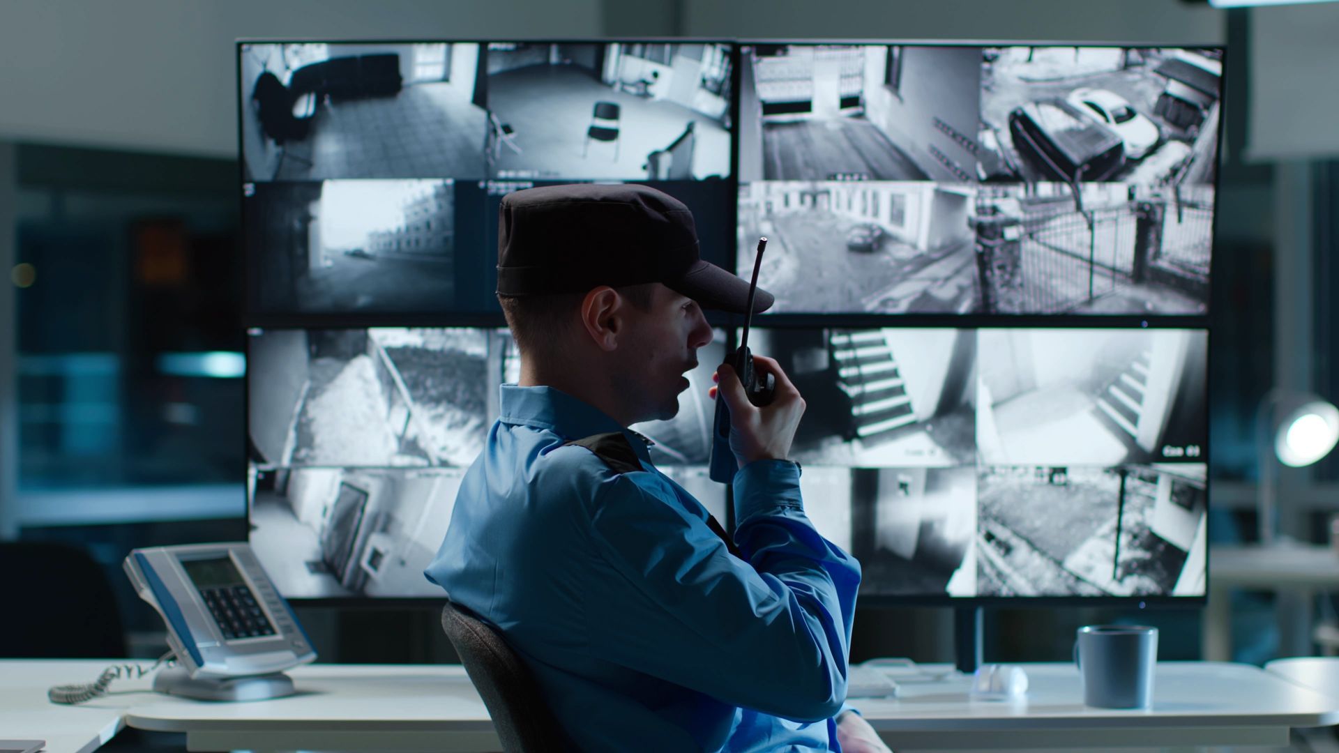Security guard monitoring multiple surveillance screens in a control room, speaking into a radio.