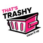 Pink and black logo with trash bin and text