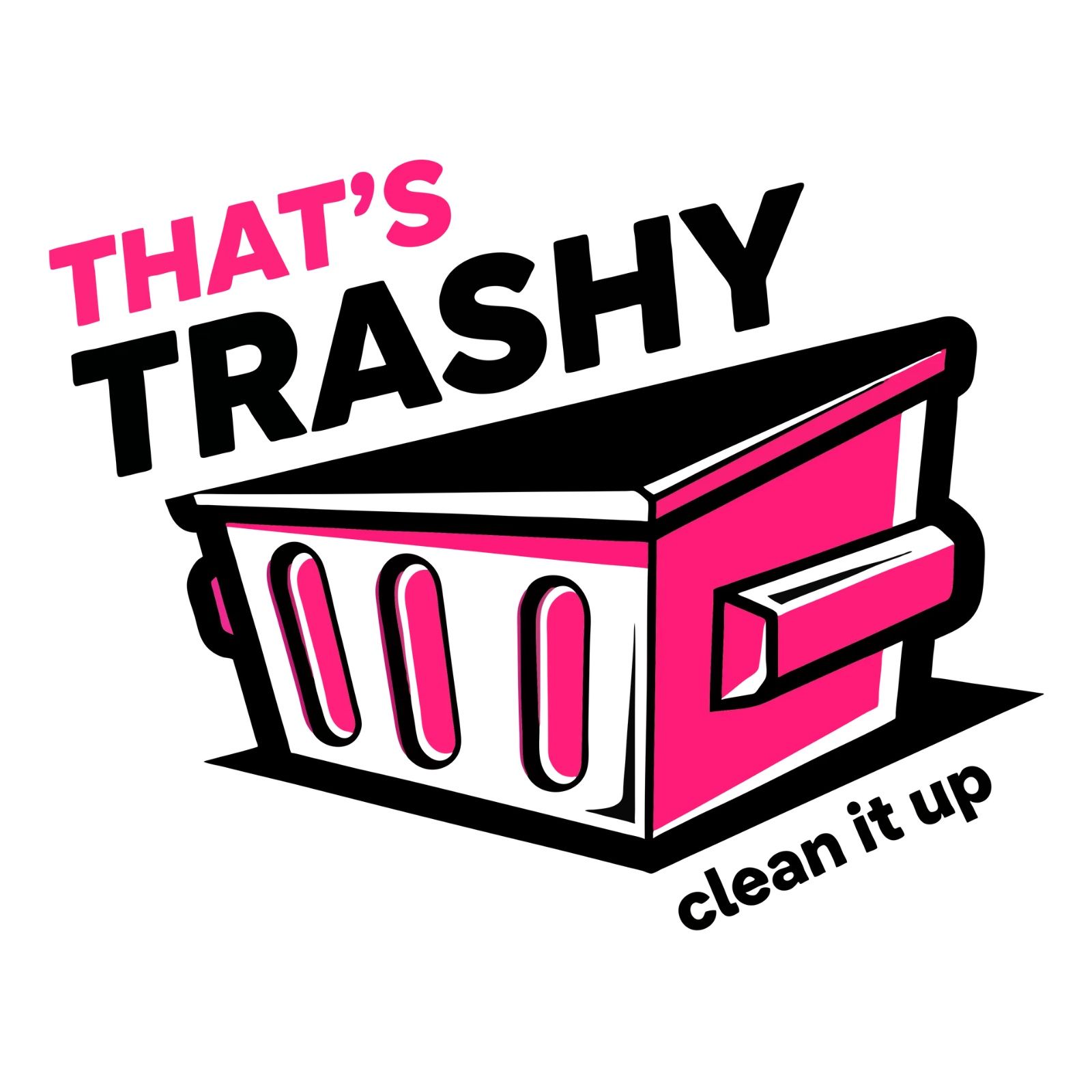 Pink and black logo with trash bin and text
