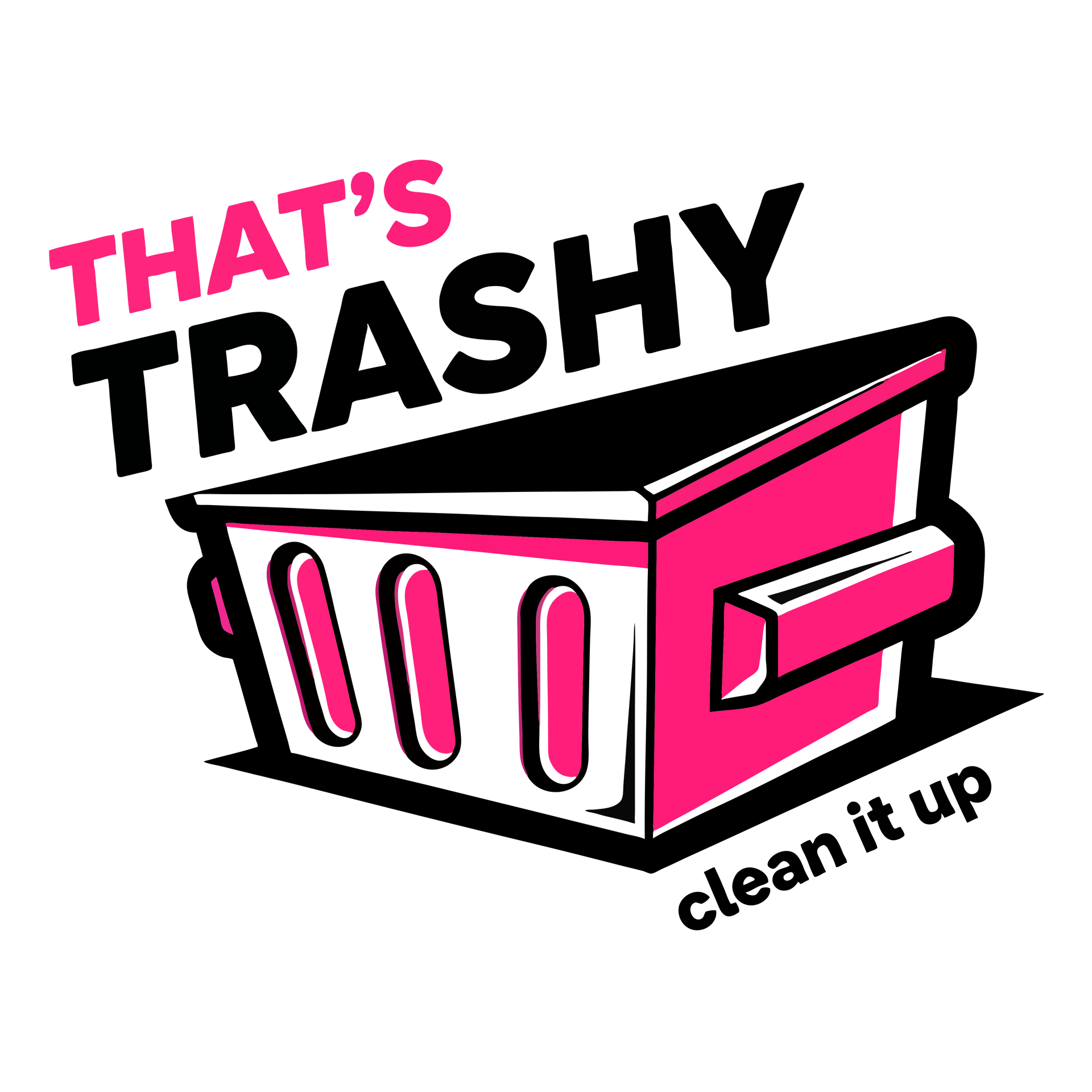 Pink and black logo with trash bin and text