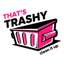 Pink and black logo with trash bin and text