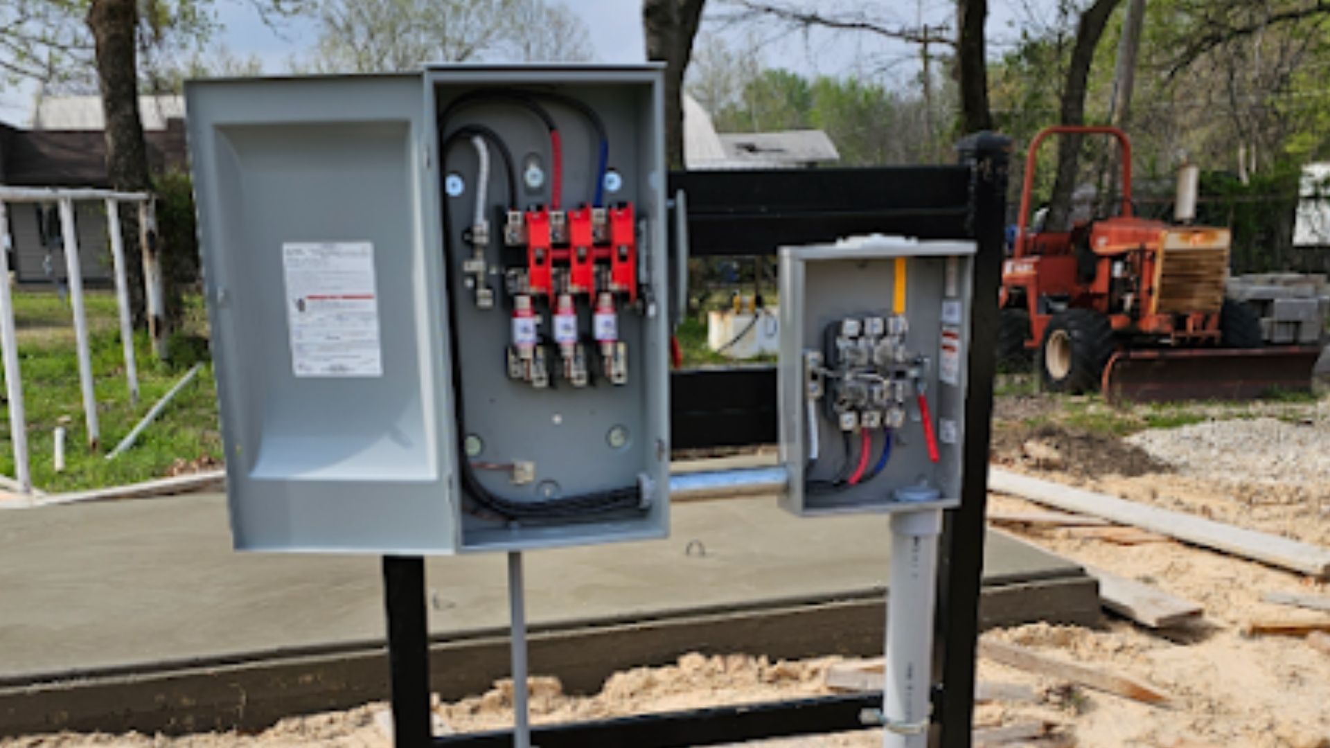 Open electrical control panels with red switches outdoors at a construction site