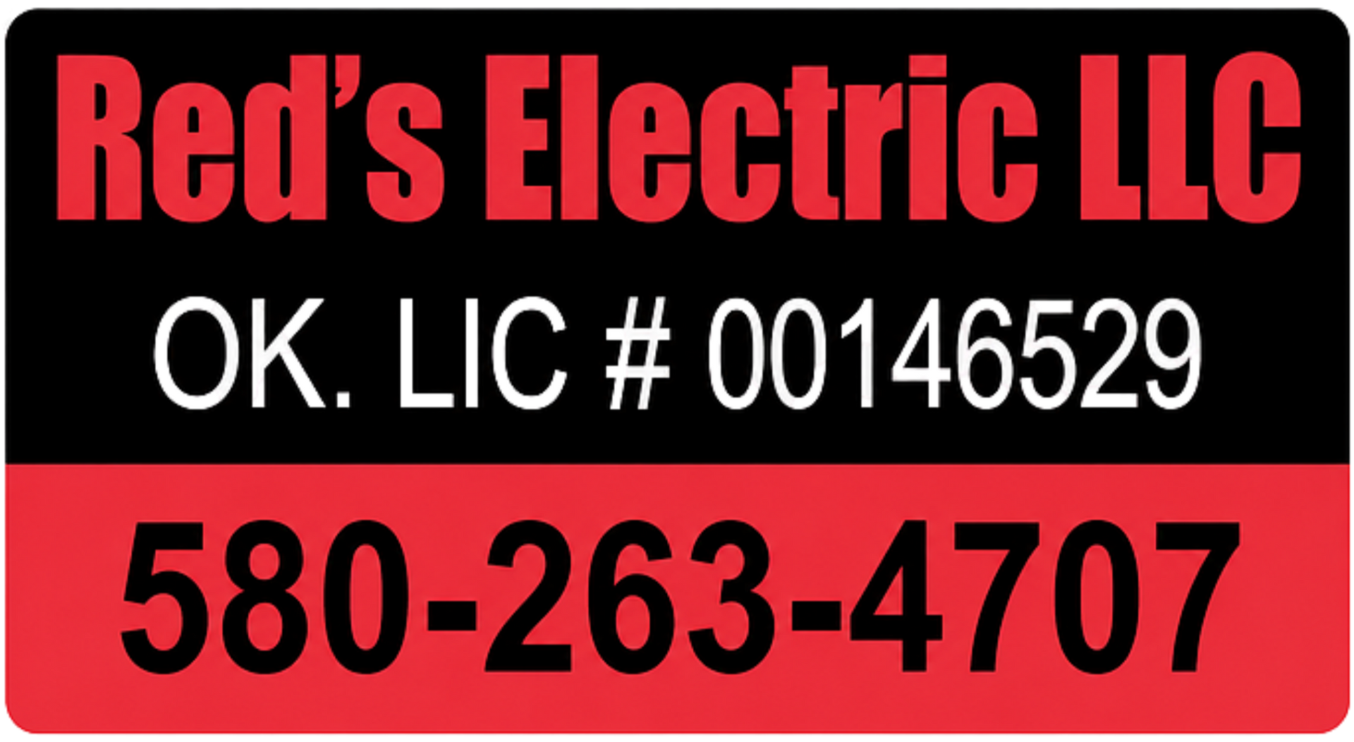 White “RED’S ELECTRIC” logo with large faded block letters.