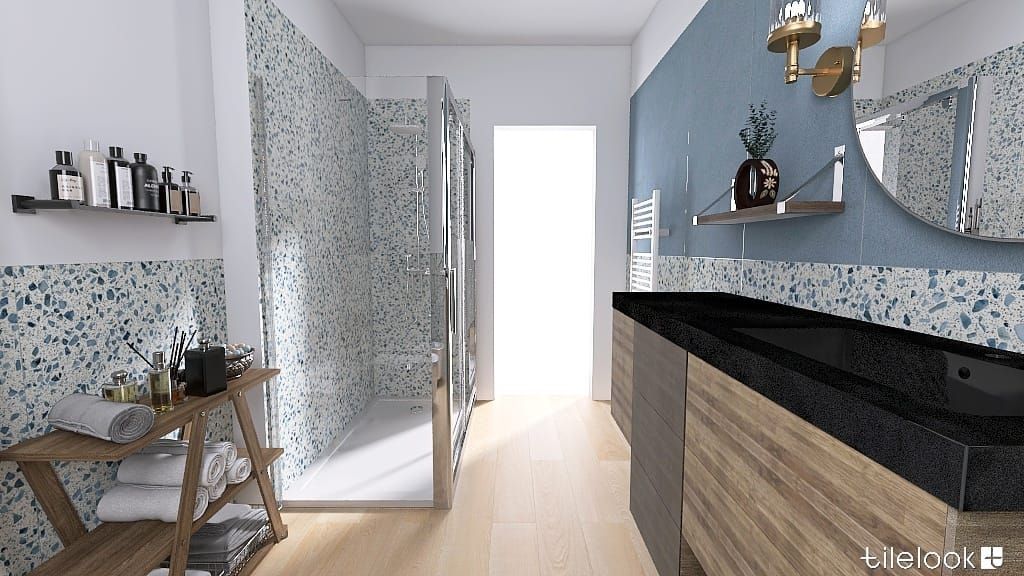 Bagno moderno con piastrelle decorate, mobile lavabo nero e luminosa zona doccia.