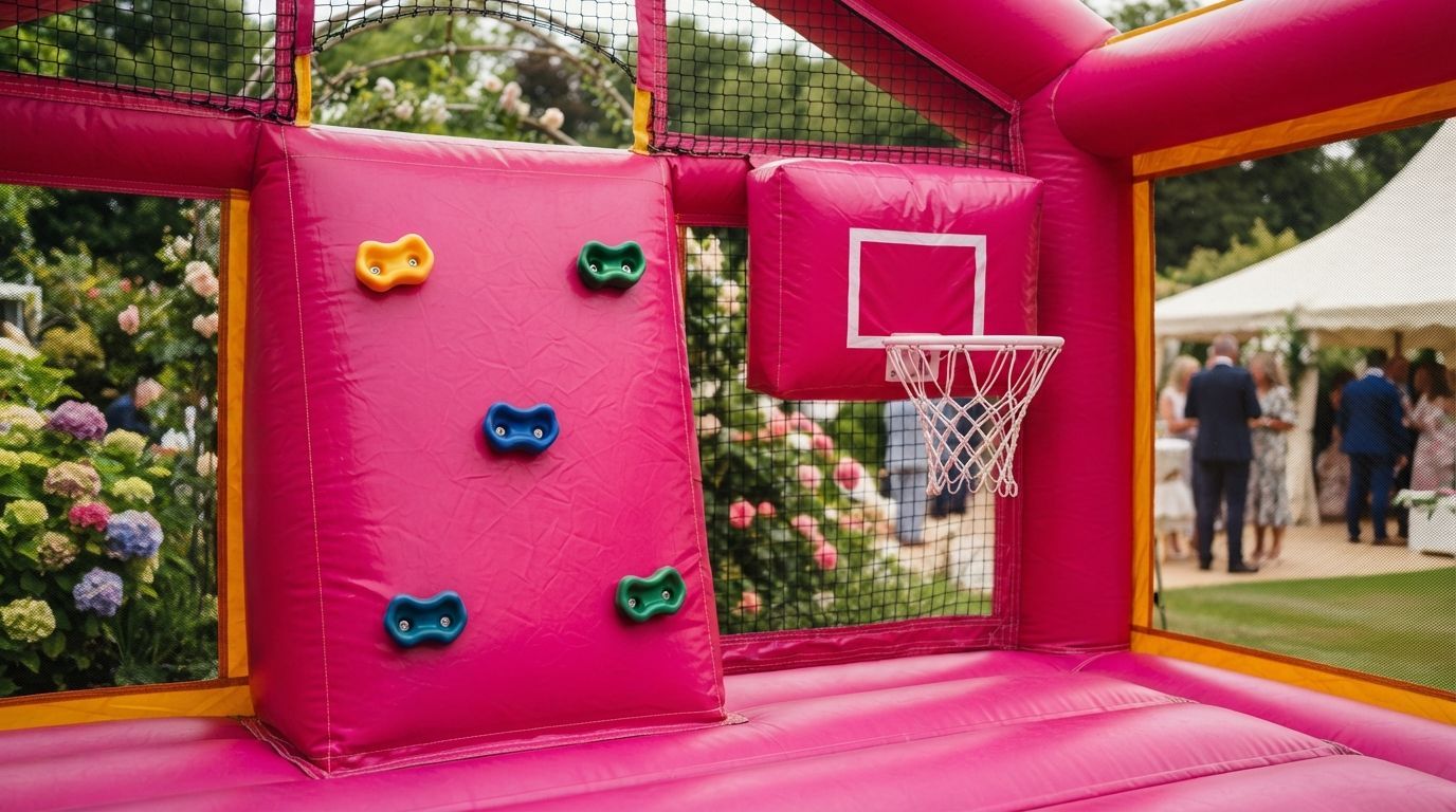 Pink inflatable basketball court with colorful wall holds and a hoop, viewed from inside.