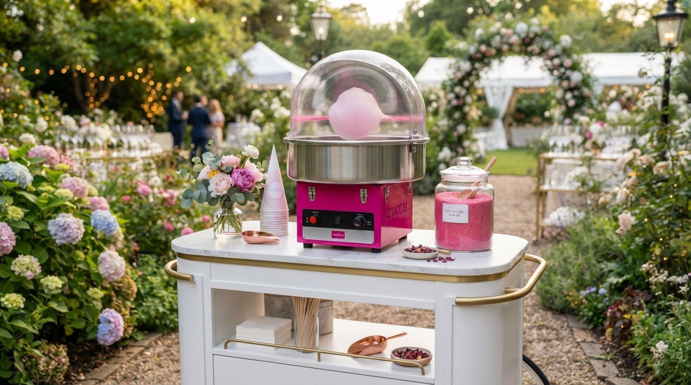 White cart with pink cotton candy machine and candy jars in a flower garden party setting