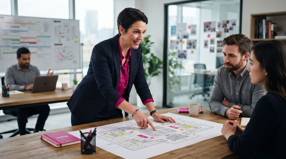 Team meeting around a table as a woman presents plans on a large paper layout