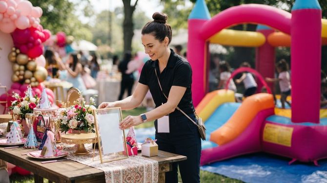 Woman arranging a decorated outdoor party table beside a pink and yellow inflatable bounce house