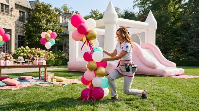 Child kneeling on lawn arranging pink and white balloons beside a pink bounce house in a sunny backyard party