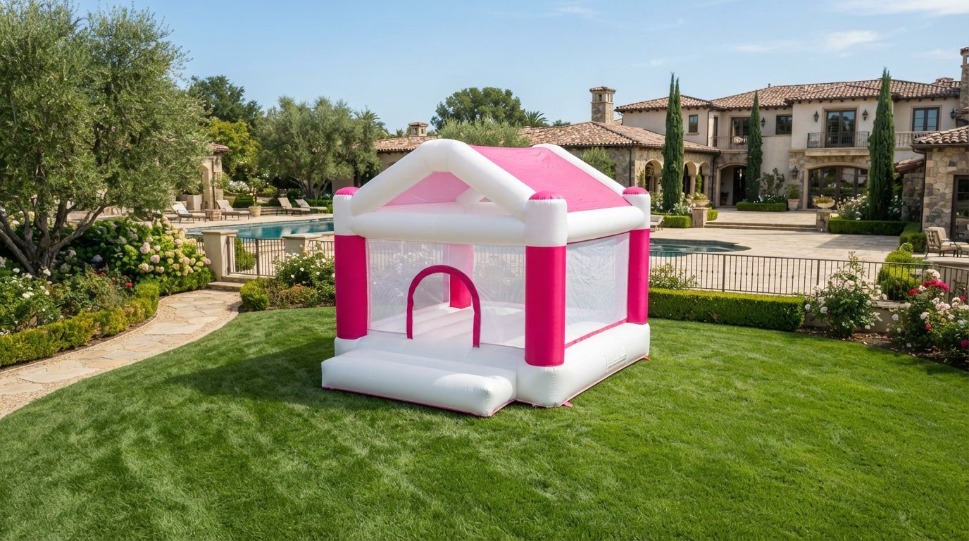 Pink and white inflatable playhouse on a grassy lawn in a sunny garden