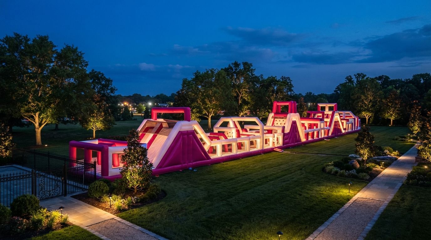 Pink inflatable obstacle course on a manicured lawn beside a stone manor house