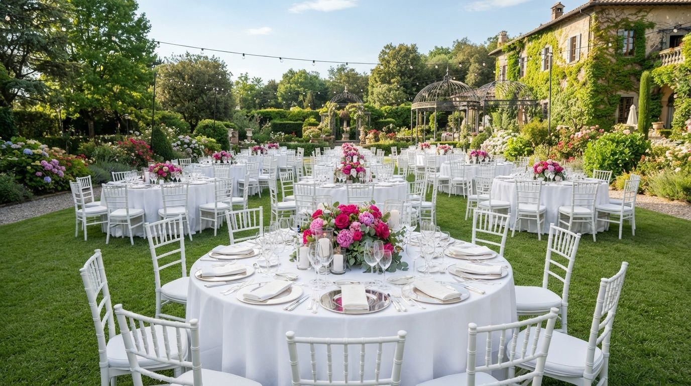 Elegant outdoor wedding reception with white tables and chairs on a green lawn, surrounded by flowers and stone buildings