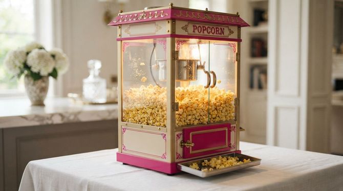 Pink popcorn machine on a table, filled with popcorn in a bright kitchen or dining room.