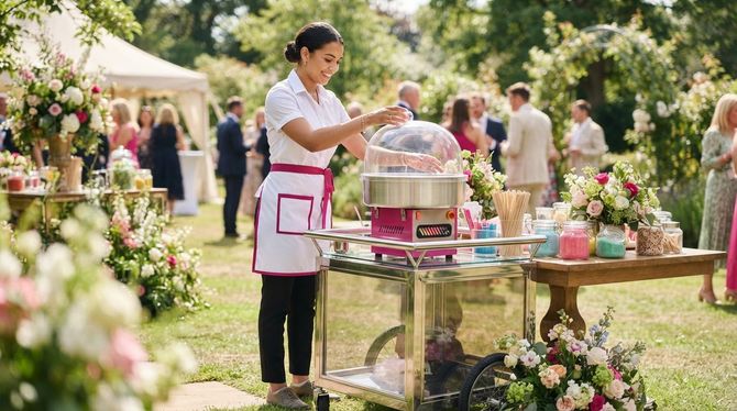 Caterer serving food at an outdoor garden buffet with floral decorations and guests in the background